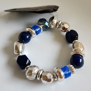 GNW Silver and Blue Beaded Stretchable Bracelet New With Tag